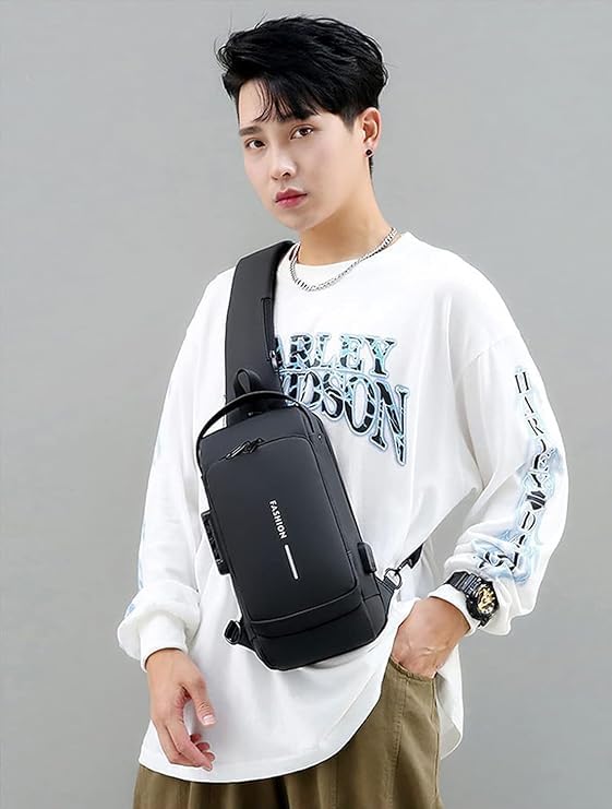 Men Sling Bag Pack with Lock - BLACK Color