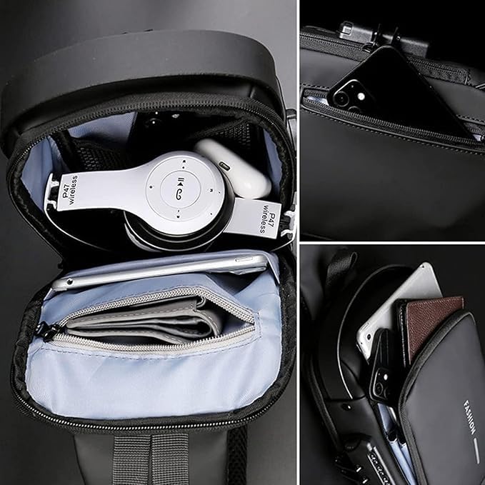 Men Sling Bag Pack with Lock - BLACK Color