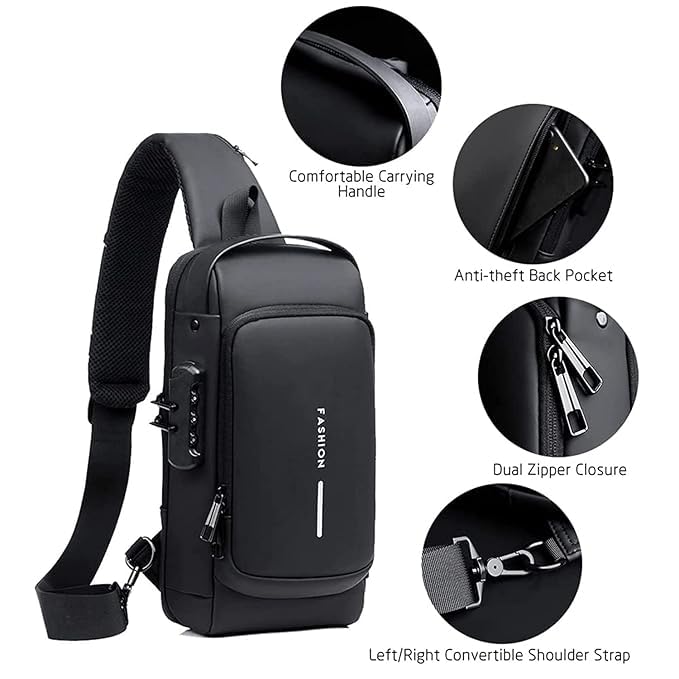 Men Sling Bag Pack with Lock - BLACK Color