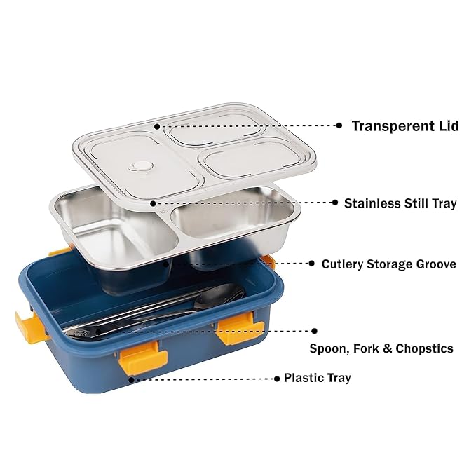 3-Section Stainless Steel Lunch Box with Chopstick and Spoon