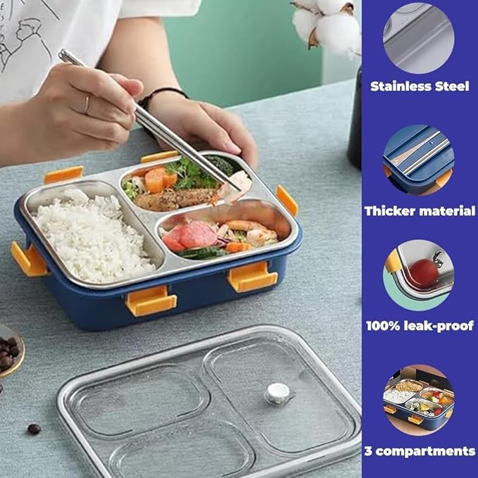 3-Section Stainless Steel Lunch Box with Chopstick and Spoon