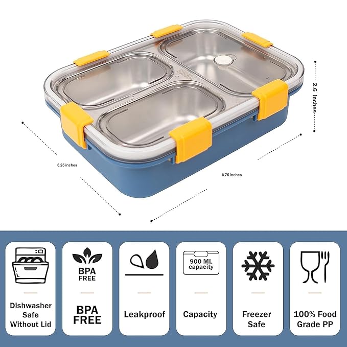 3-Section Stainless Steel Lunch Box with Chopstick and Spoon