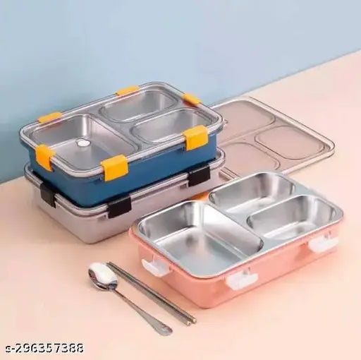 3-Section Stainless Steel Lunch Box with Chopstick and Spoon